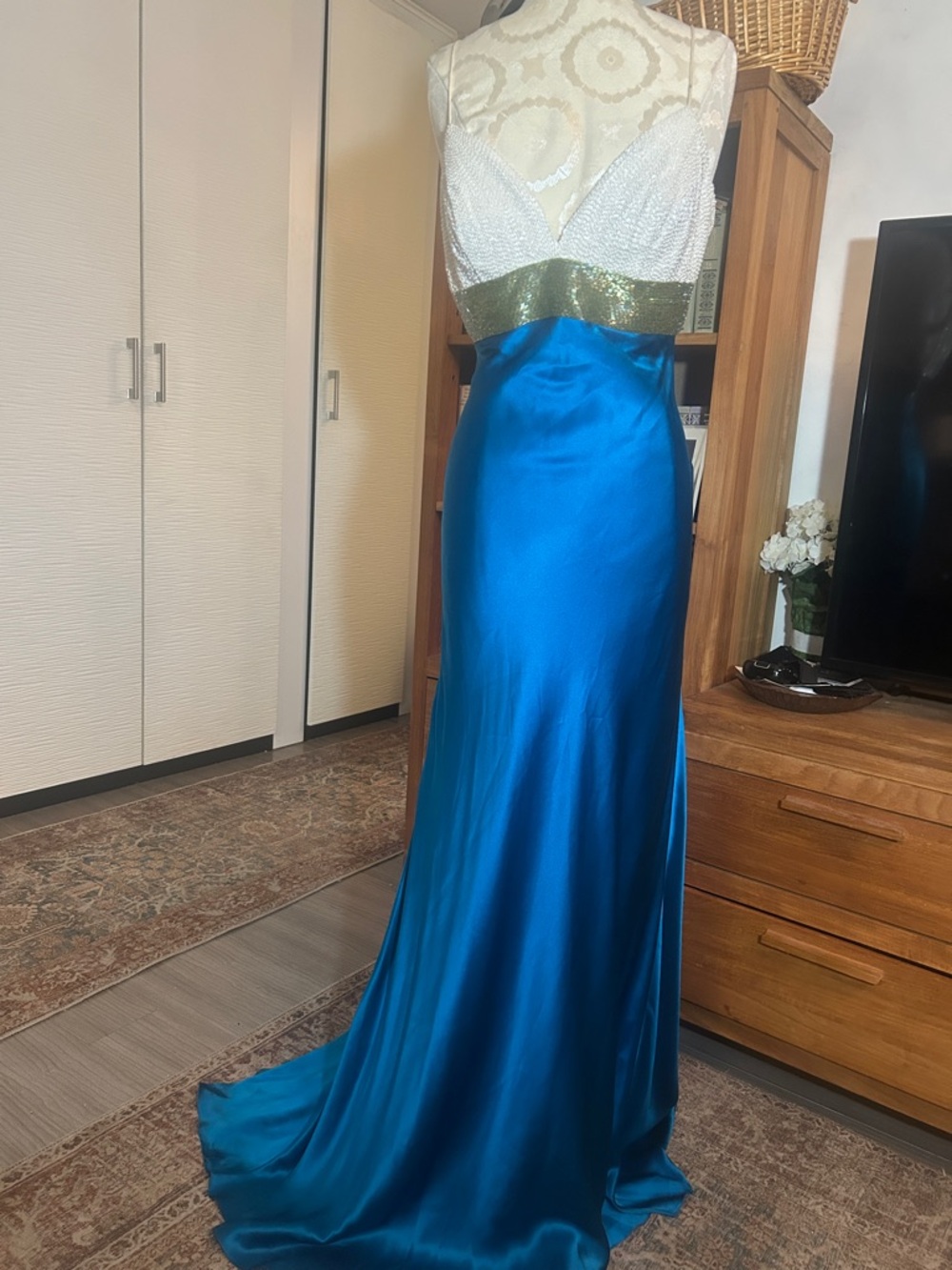 Silk Teal Gown with White Beaded Bodice and Gold Waist, Sz 8